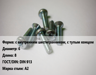 Винт с внутренним шестигранником, с тупым концом 6х8 DIN 913 Сталь: А2, цена за шт, кг цена от 87.35 Тг / кг, где купить, условия доставки в Шымкенте и Южно-Казахстанской области